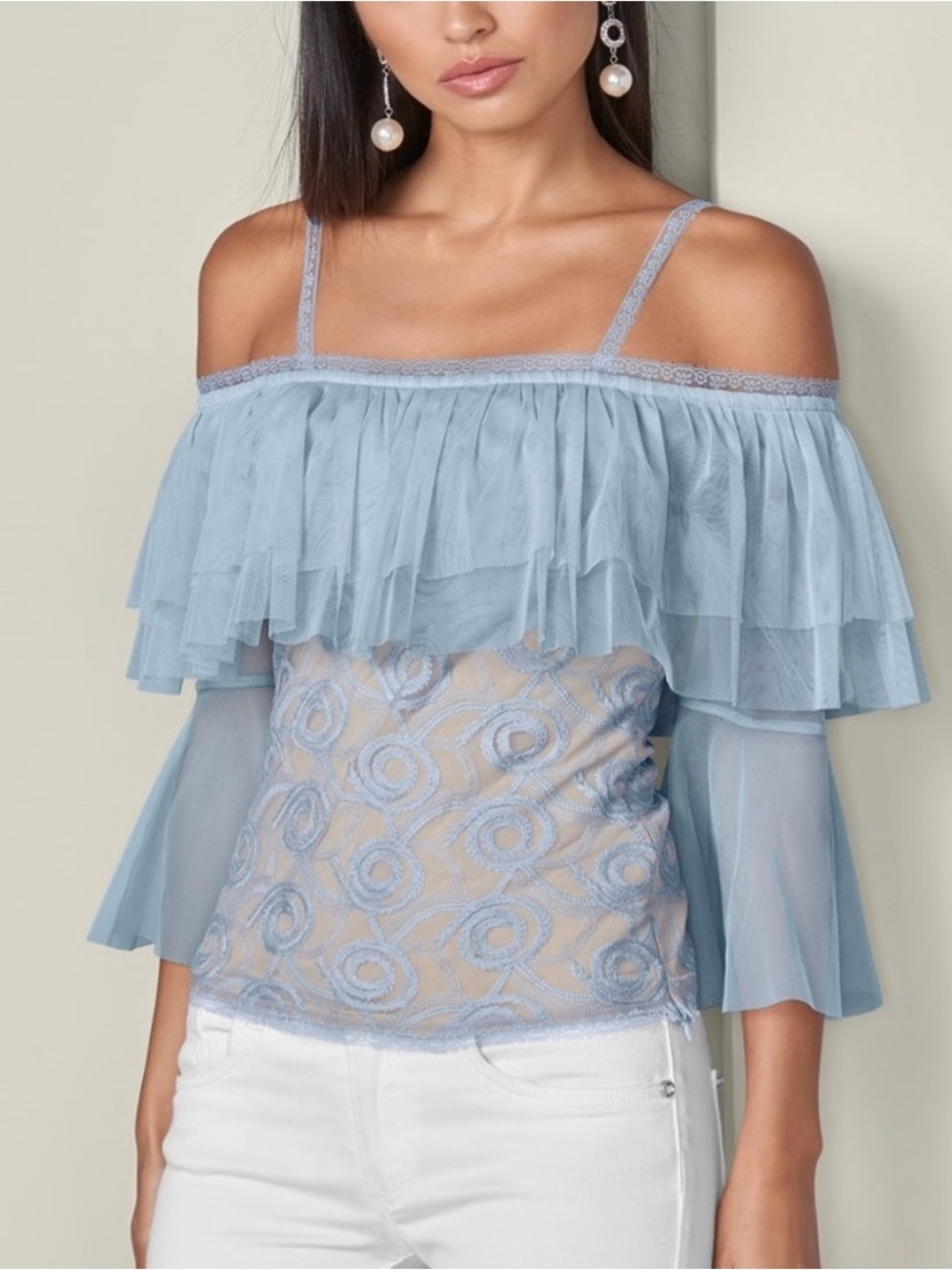 VENUS Embroidered Tulle Top, Blue Blouse sheer nude Size medium